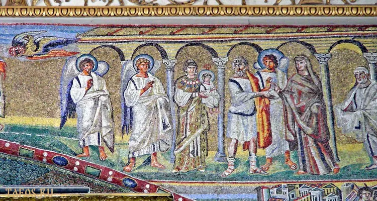 Сретение. Мозаика церкви Санта-Мария МАджоре в Риме. V век. Здесь, как и во многих других сценах мозаического убранства этой базилики, Богоматерь изображена в царских одеждах, в окружении ангельской стражи.